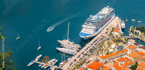 Aerial view of cruise ship in port of Kotor, Montenegro.