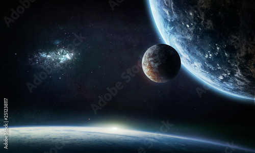 Fototapeta Naklejka Na Ścianę i Meble -  Earth and other planets with atmosphere in deep space. Galaxy on the background. Exploration of the space. Elements of this image furnished by NASA