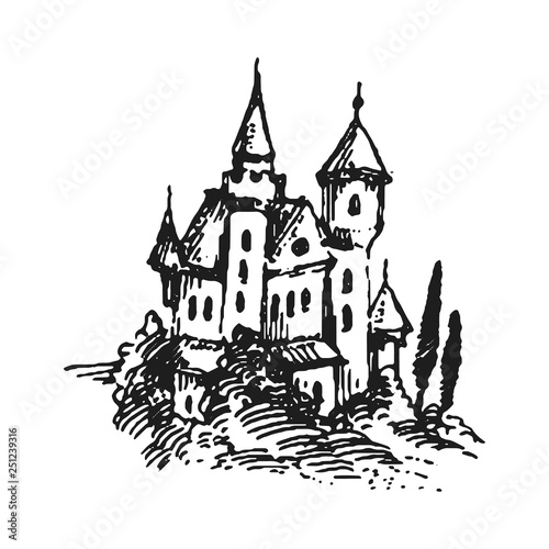 Authentic Castle tower hand drawn vector silhouette illustration