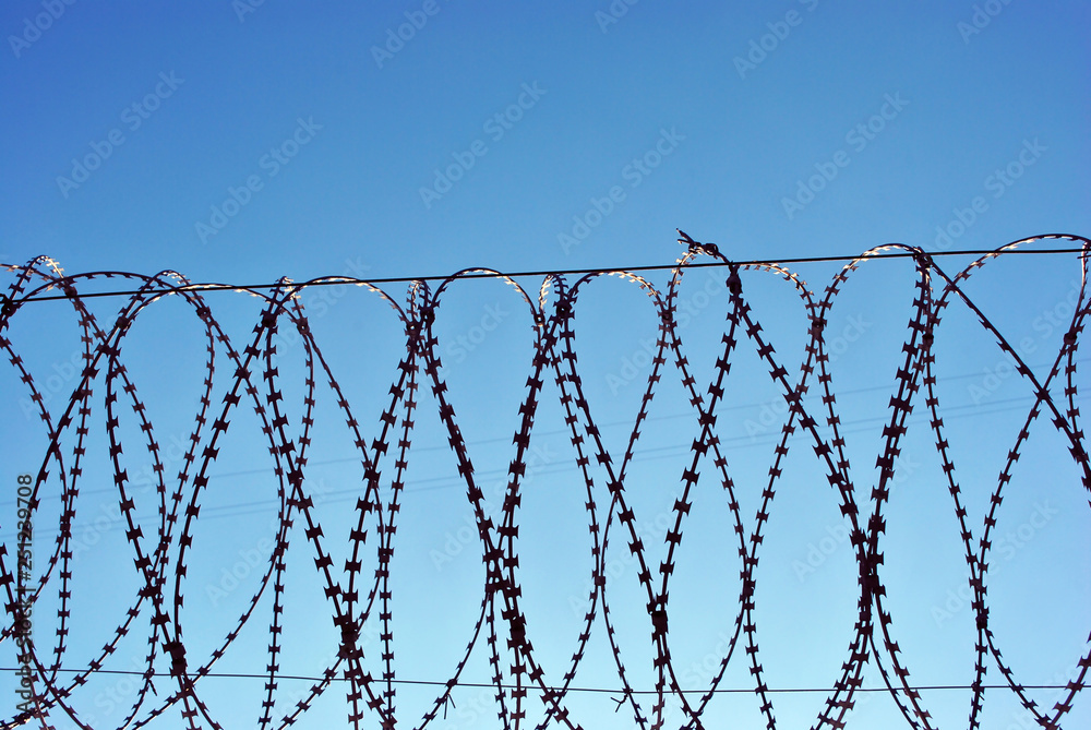 Jail fence top with barbed wire, winter blue bright sky background Jail fence top with barbed wire, winter blue bright sky background