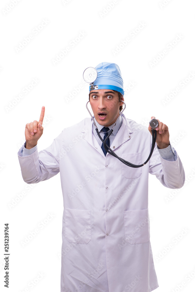 Young handsome doctor otolaryngologist isolated on white Young handsome doctor otolaryngologist isolated on white
