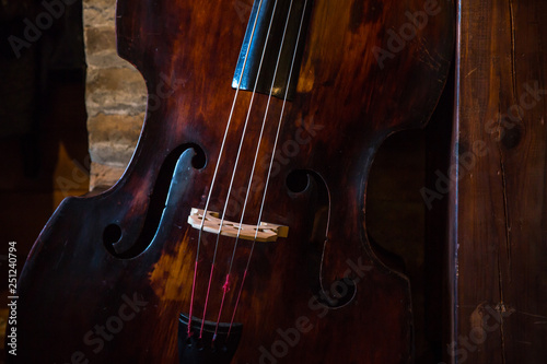 Vintage contrabass on wooden floor