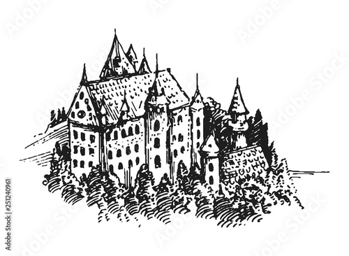 Authentic Castle tower hand drawn vector silhouette illustration
