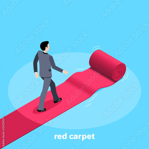isometric vector image on a blue background, a man in a business suit is on the spinning red carpet, the path to success