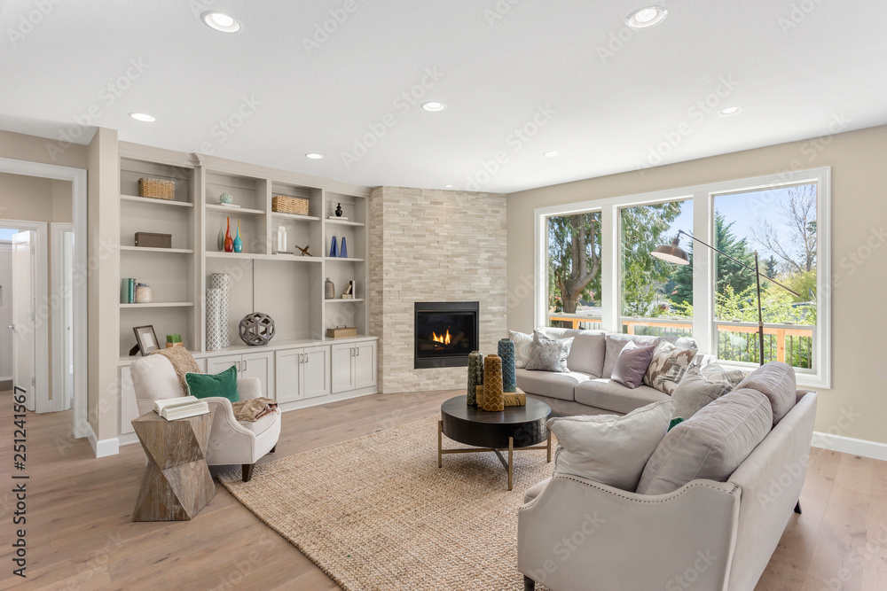 Beautiful Furnished Living Room Interior in New Home with Furniture and ...
