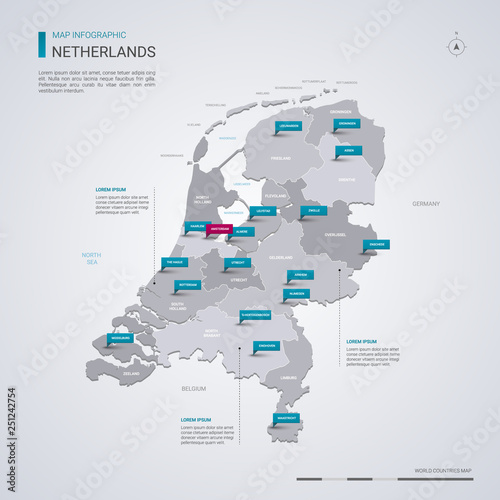 Fototapeta Netherlands vector map with infographic elements, pointer marks.
