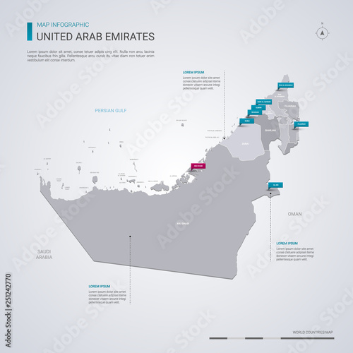 United Arab Emirates vector map with infographic elements, pointer marks.