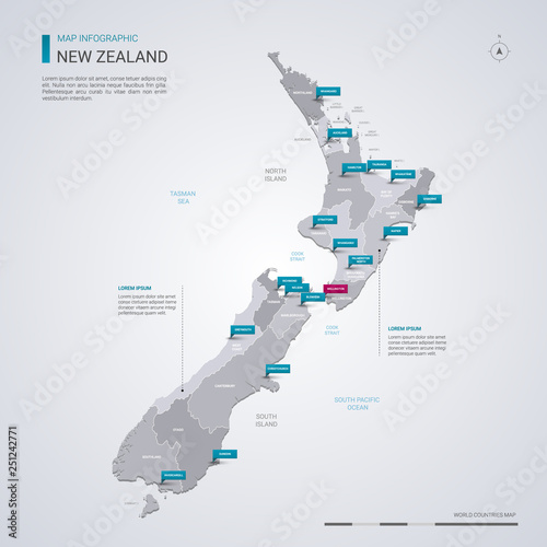 New Zealand vector map with infographic elements, pointer marks.