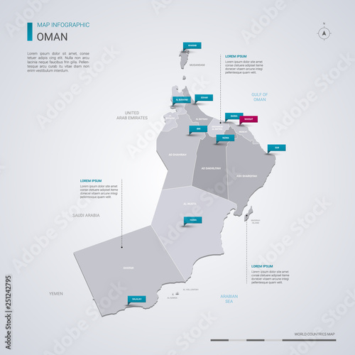 Oman vector map with infographic elements, pointer marks.