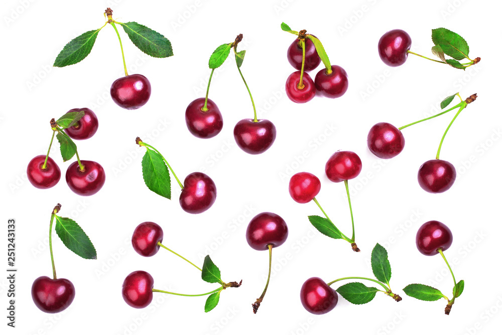 Group of ripe cherries with sprigs and leaves Group of ripe cherries with sprigs and leaves