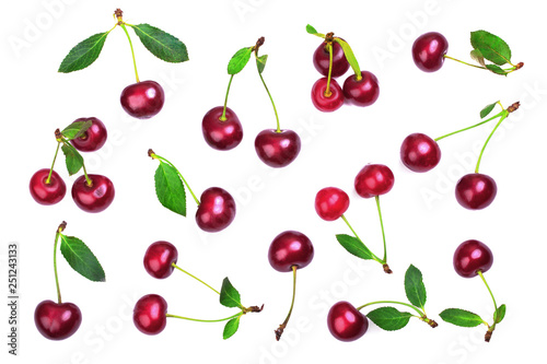 Group of ripe cherries with sprigs and leaves
