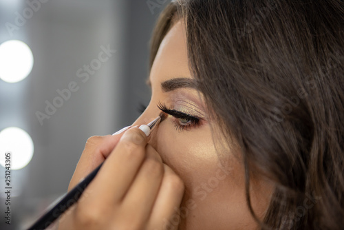 Professional makeup artist applies eye shadow with brush around eye of the model girl. Beautiful woman face with hands of make-up artist, makeup in progress