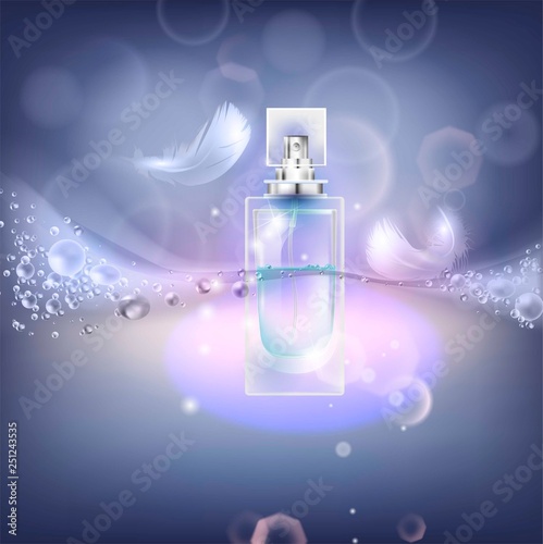 Vector illustration of a realistic style perfume in a glass bottle. Great advertising poster for promoting a new fragrance.