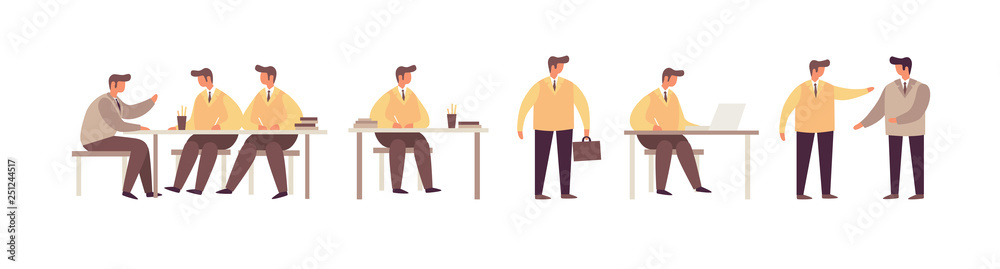 Cartoon businessmen in various situations on white background. Concept of training, business training and advanced training. The chief conducts instruction for employees. Vector flat illustration. Cartoon businessmen in various situations on white background. Concept of training, business training and advanced training. The chief conducts instruction for employees. Vector flat illustration.