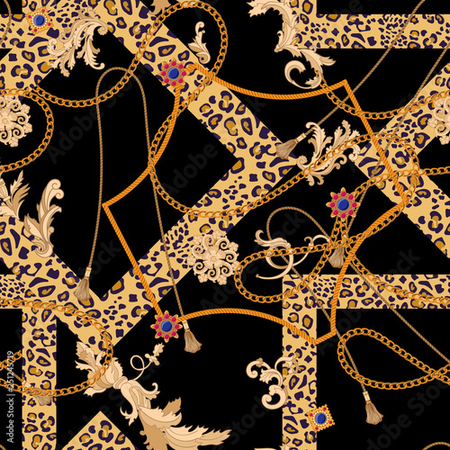Seamless pattern with chains and spotted square. Vector baroque patch for scarfs, print, fabric.