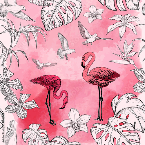 Seamless watercolor pattern with tropical flowers and flamingo birds