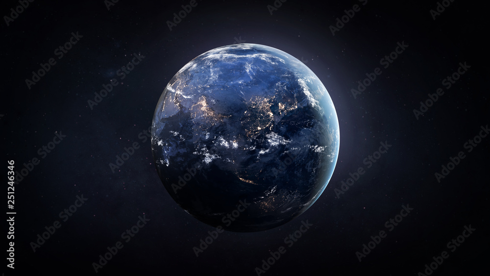 Nightly Earth globe in the outer space. City lights on planet. Civilization. Elements of this image furnished by NASA - obrazy, fototapety, plakaty 