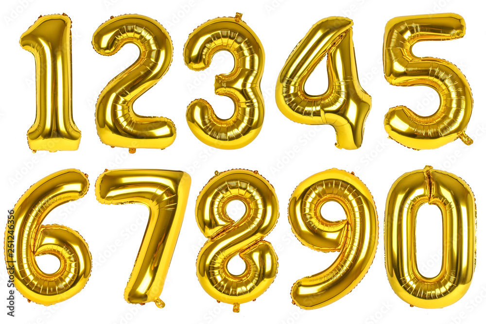 Set of golden balloons of numbers on isolated white background Set of golden balloons of numbers on isolated white background