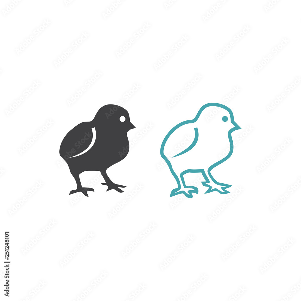 Vector illustration of a chicken. Set of two vector icons. Flat design Monochrome