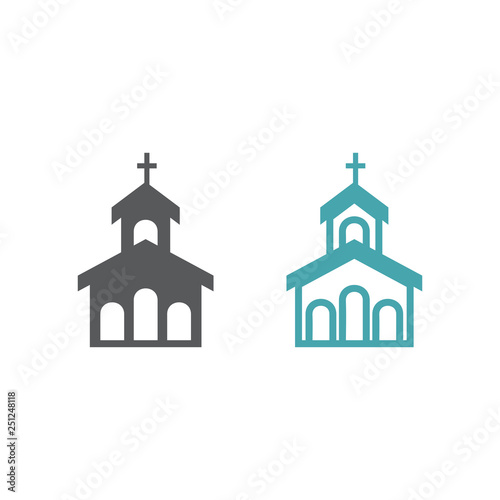 Vector illustration of the building of church. Set of two vector icons. Flat design Monochrome
