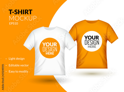 Blank t-shirt template clothing fashion. White and orange shirt design with sleeve cotton uniform