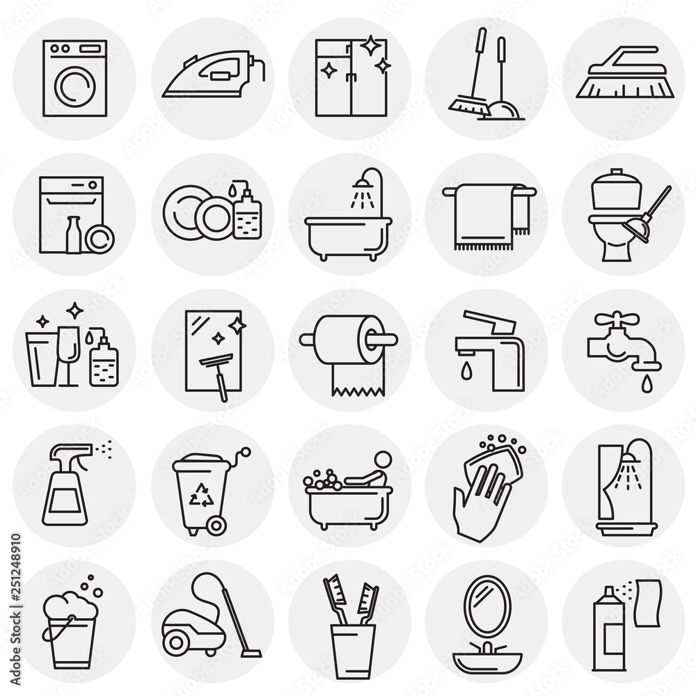 Cleaning icon set on circles background for graphic and web design, Modern simple vector sign. Internet concept. Trendy symbol for website design web button or mobile app Cleaning icon set on circles background for graphic and web design, Modern simple vector sign. Internet concept. Trendy symbol for website design web button or mobile app