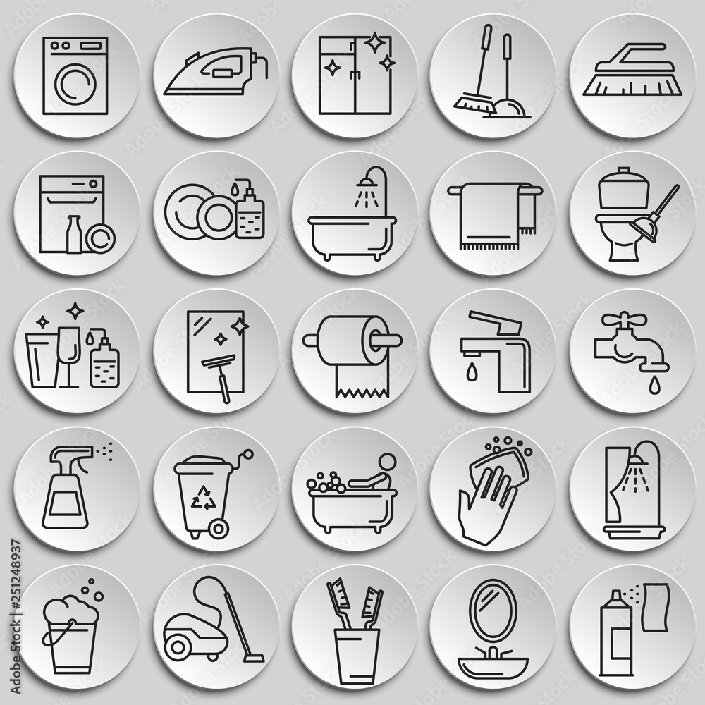 Cleaning icon set on plates background for graphic and web design, Modern simple vector sign. Internet concept. Trendy symbol for website design web button or mobile app