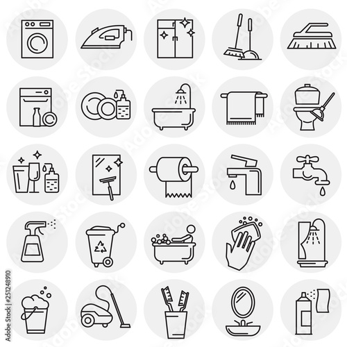 Cleaning icon set on circles background for graphic and web design, Modern simple vector sign. Internet concept. Trendy symbol for website design web button or mobile app