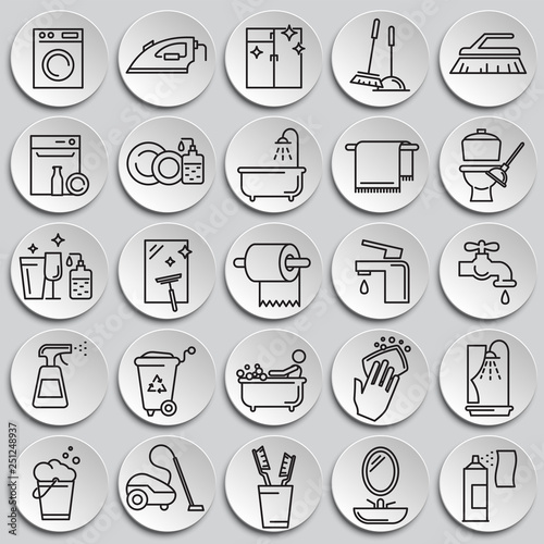 Cleaning icon set on plates background for graphic and web design  Modern simple vector sign. Internet concept. Trendy symbol for website design web button or mobile app