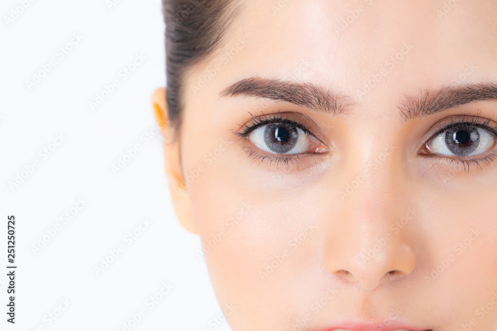 Beautiful portrait young asian woman with makeup isolated on white background, closeup girl face and eye, rejuvenation with skin for wrinkle or sugery, beauty concept.