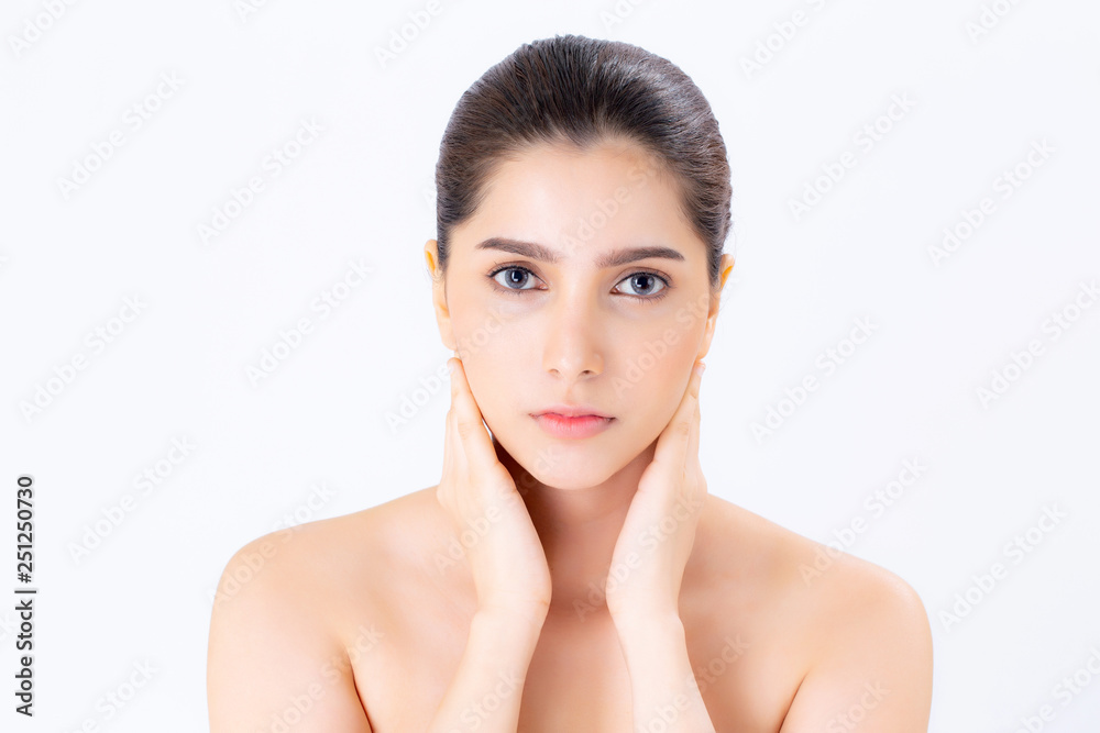 Portrait of beautiful woman asian makeup of cosmetic, girl hand touch neck and smile attractive, face of beauty perfect with wellness isolated on white background with skin healthcare concept. Portrait of beautiful woman asian makeup of cosmetic, girl hand touch neck and smile attractive, face of beauty perfect with wellness isolated on white background with skin healthcare concept.