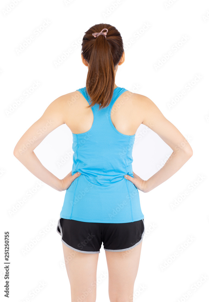 Beautiful portrait young asian woman in sport clothing with satisfied and confident isolated on white background, back of girl asia have shape and wellness, exercise for fit with health concept. Beautiful portrait young asian woman in sport clothing with satisfied and confident isolated on white background, back of girl asia have shape and wellness, exercise for fit with health concept.