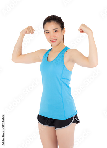 Beautiful portrait asian woman wear sport clothes have strong and muscle with health, girl show biceps with exercise and workout for wellness isolated on white background, strength and fit concept.