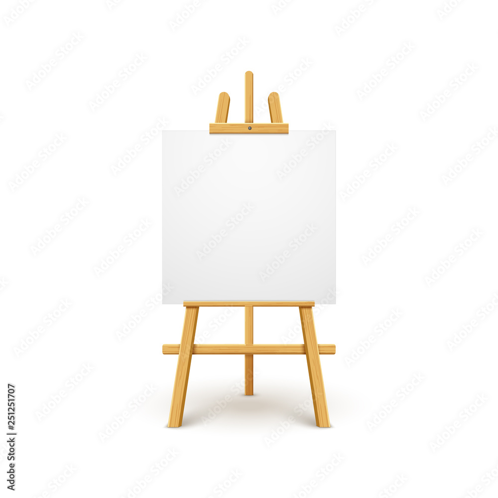 Wooden easel canvas board isolated stand. Blank empty vector easel poster billboard Wooden easel canvas board isolated stand. Blank empty vector easel poster billboard