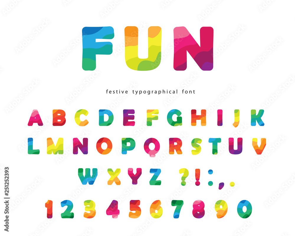 Modern colorful font. Bright ABC letters and numbers isolated on white. Trendy flexible alphabet. Vector