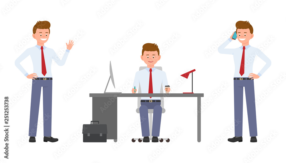 Young happy office worker sitting at the desk, waving hello, talking on phone. Cartoon character design of cute clerk busy during day job concept - Vector