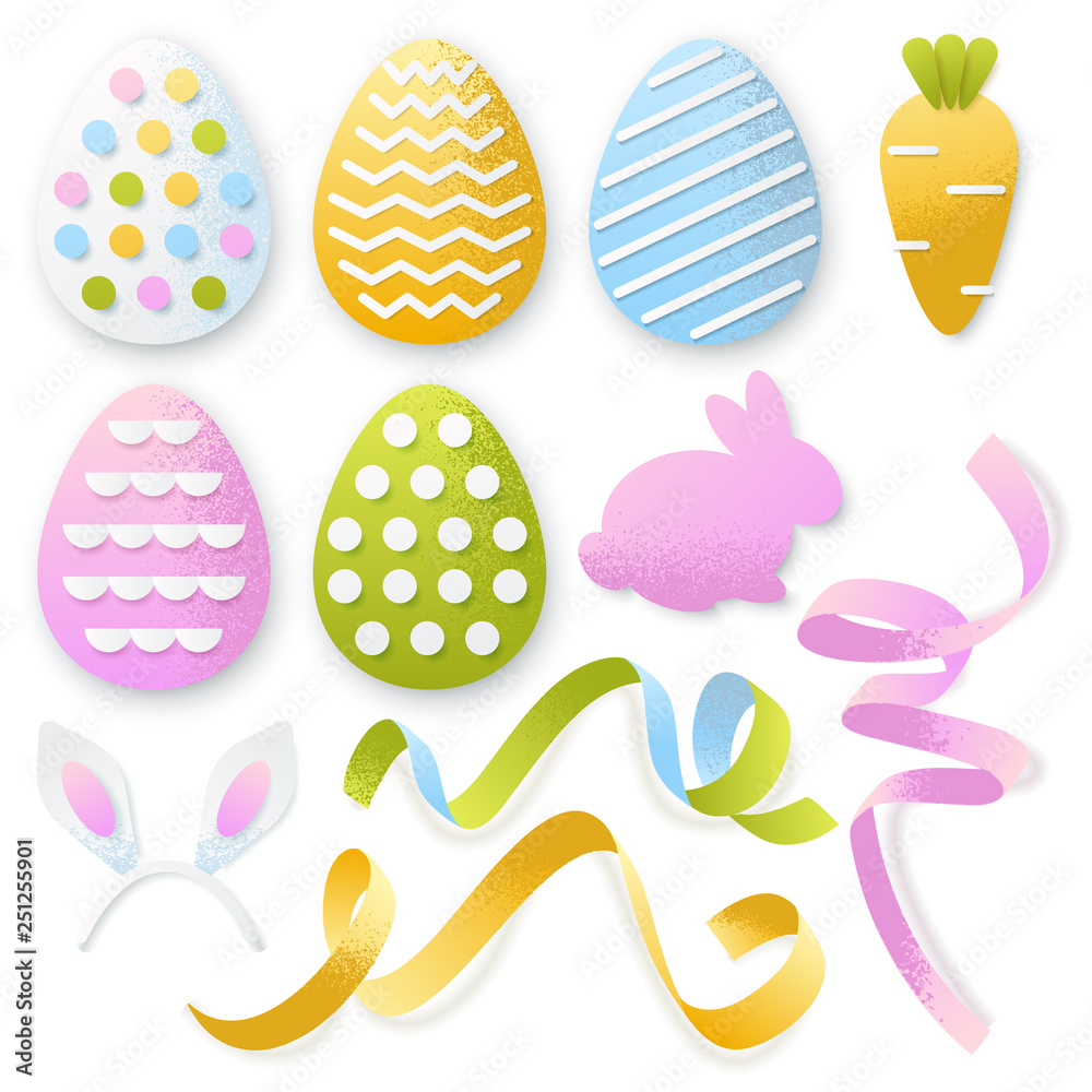 Easter 3d paper cut eggs, ribbons, rabbit set. Vector holiday craft handmade design elements on white background Easter 3d paper cut eggs, ribbons, rabbit set. Vector holiday craft handmade design elements on white background