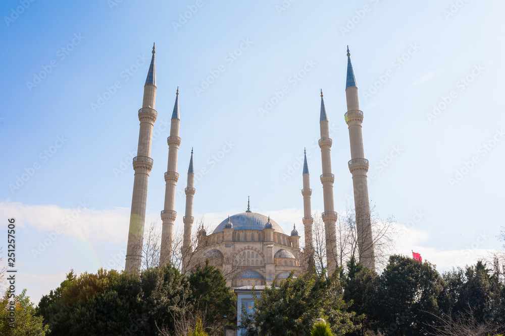 Sabanci Central Mosque in Adana, Seyhan city of Turkey with blue sky with mosque minarets. 