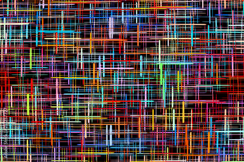 Abstract multicolored grid and checkered pattern on black background.