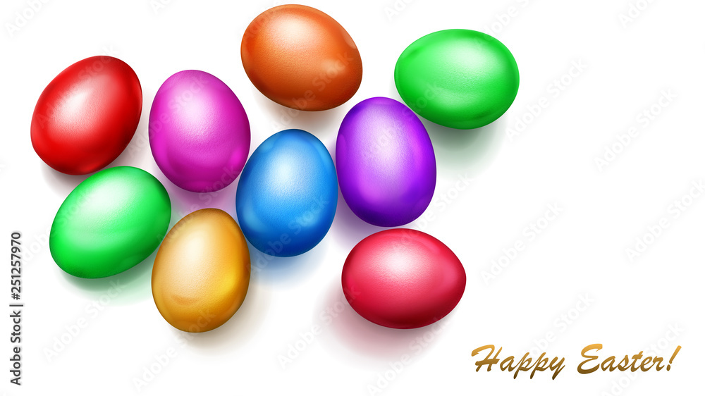 Realistic colored Easter eggs with shadows on white background