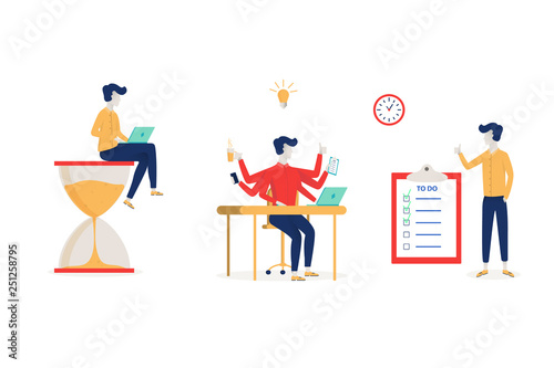 Set of Effective time management symbols flat elements set with tasks planning training activities schedule checkpoints isolated vector illustration.