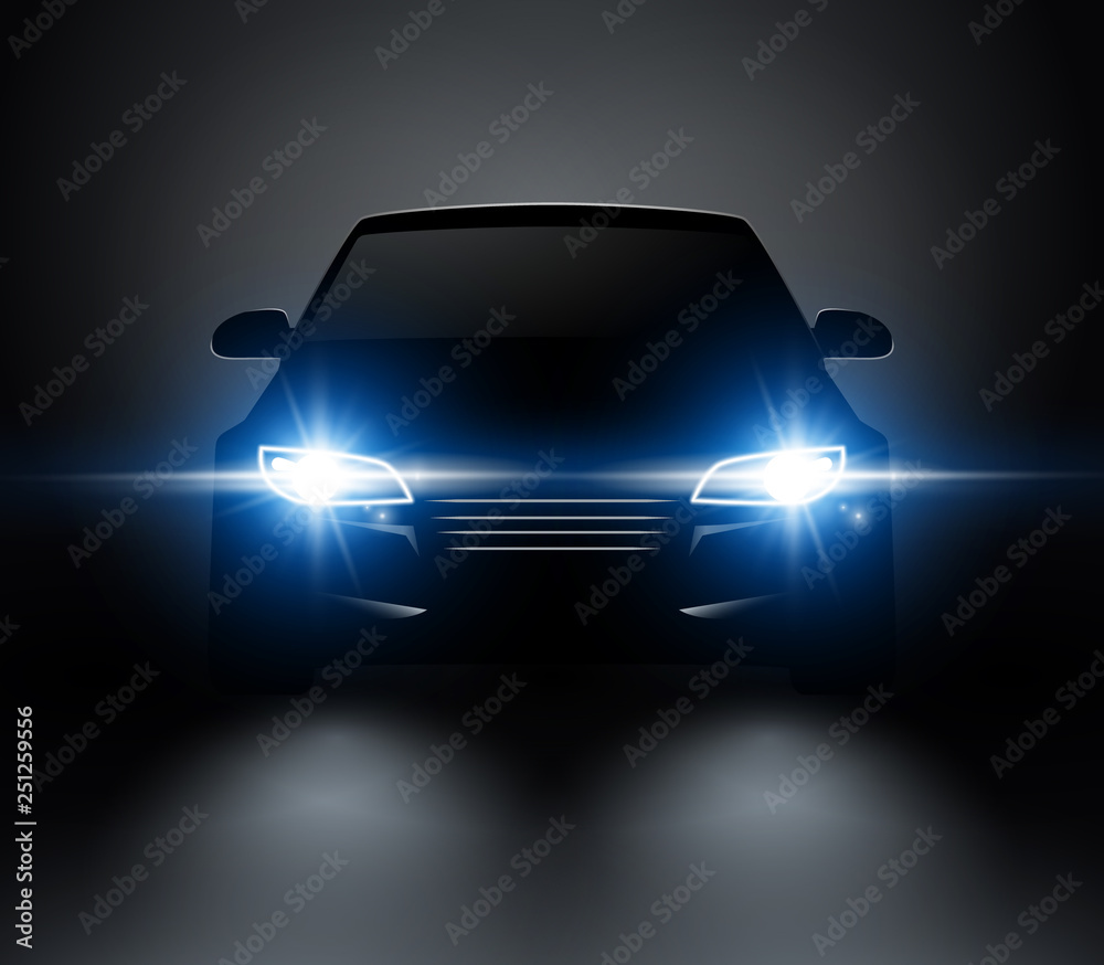 Car lights realistic front silhouette view. Automobile vector car headlights in darkness - obrazy, fototapety, plakaty 