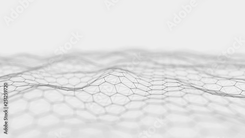 Futuristic white hexagon background. Futuristic honeycomb concept. Wave of particles. 3D rendering. Data technology background