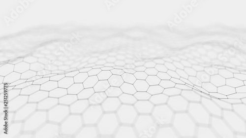 Futuristic white hexagon background. Futuristic honeycomb concept. Wave of particles. 3D rendering. Data technology background