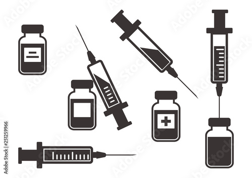 Black set of syringes for injection with vaccine, vials of medicine. Vector illustration