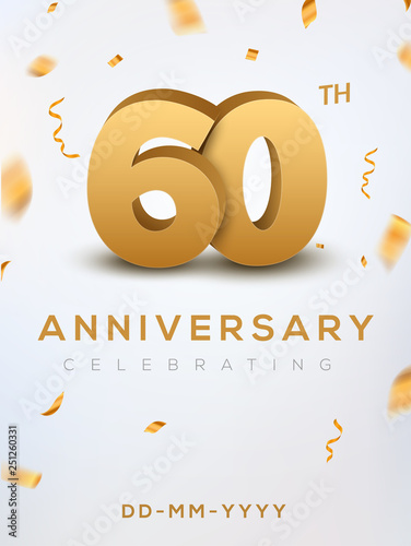 60 Anniversary gold numbers with golden confetti. Celebration 60th anniversary event party template