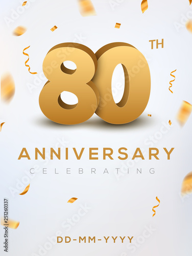 80 Anniversary gold numbers with golden confetti. Celebration 80th anniversary event party template