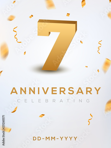 7 Anniversary gold numbers with golden confetti. Celebration 7th anniversary event party template