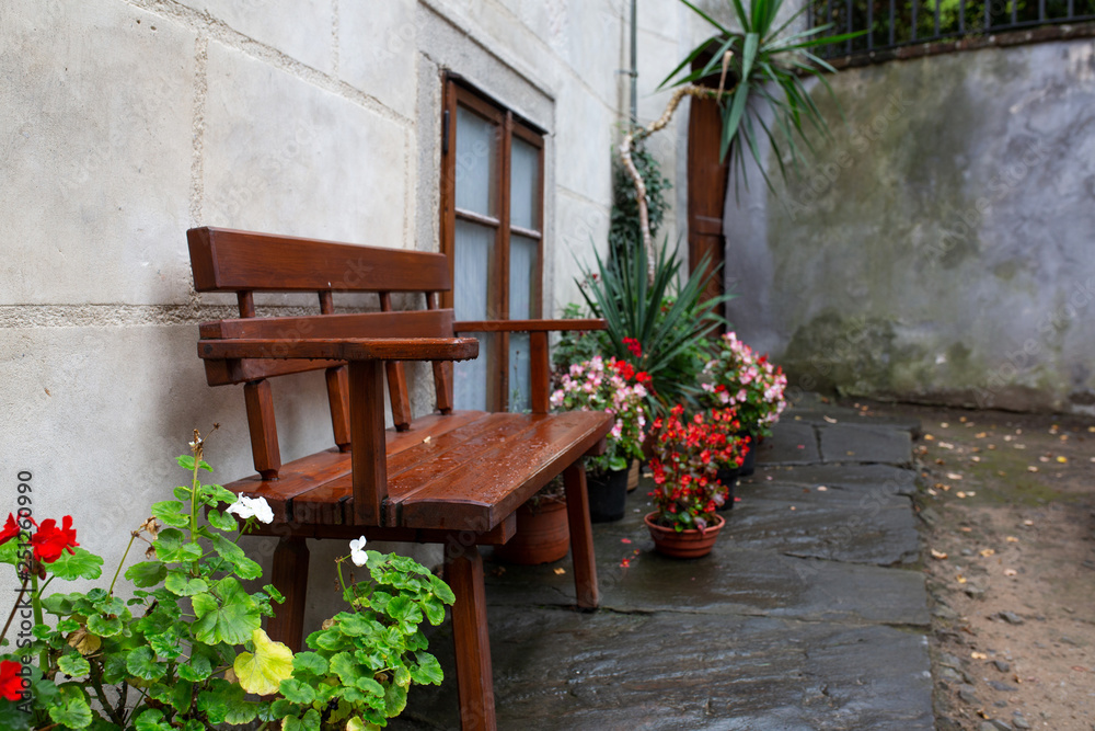 Wooden bench with flower beds after the rain