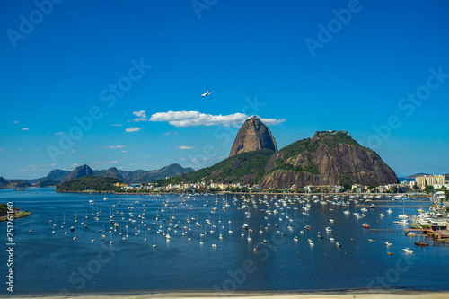 Exotic mountains. Famous mountains. Mountain of the Sugar Loaf in Rio de Janeiro, Brazil South America. Panoramic view of boats and yachts in the marina. 